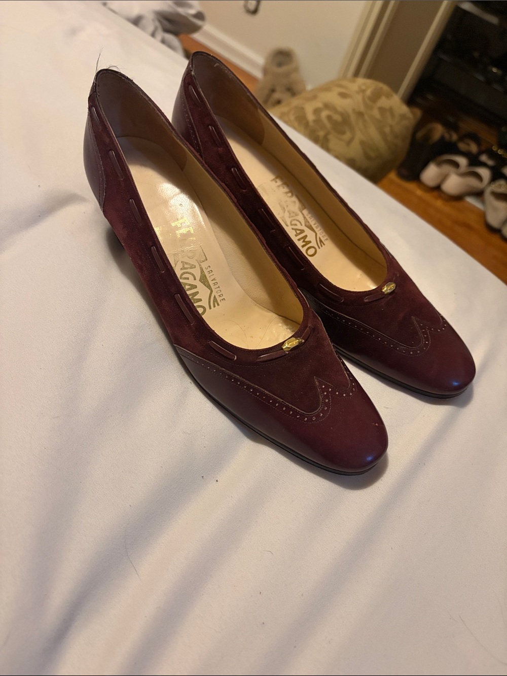 Salvatore Ferragamo Burgundy Suede and Leather Pumps